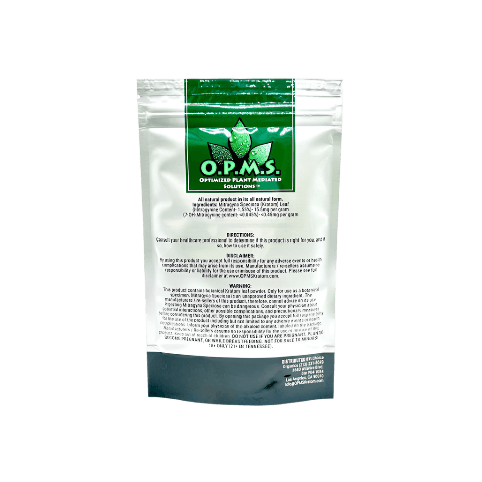 O.P.M.S. Silver Kratom Powder 16oz - Borneo Super Green Vein package back