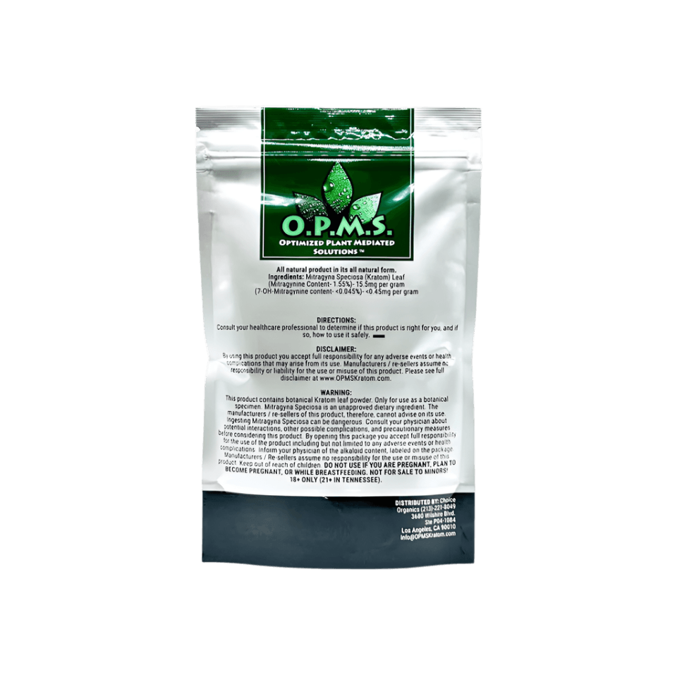 O.P.M.S. Silver Kratom Powder 16oz - Sumatra Red Vein package back