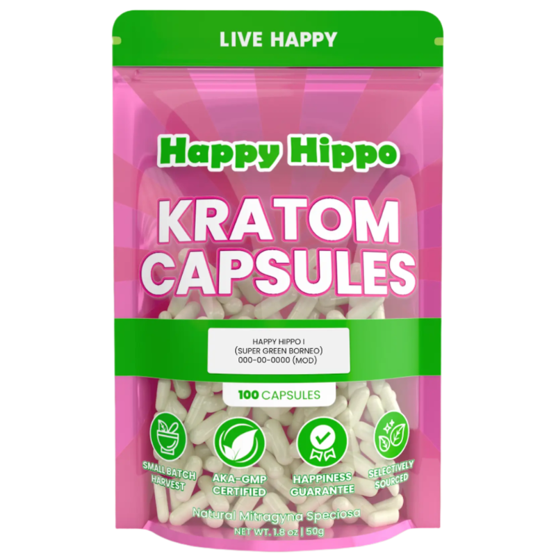 Happy Hippo Kratom Capsules 100ct - Borneo Green Vein