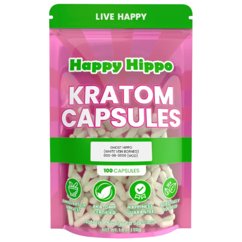 Happy Hippo Kratom Capsules 100ct - Borneo White Vein