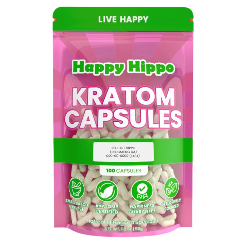 Happy Hippo Kratom Capsules 100ct - Maeng Da Red Vein