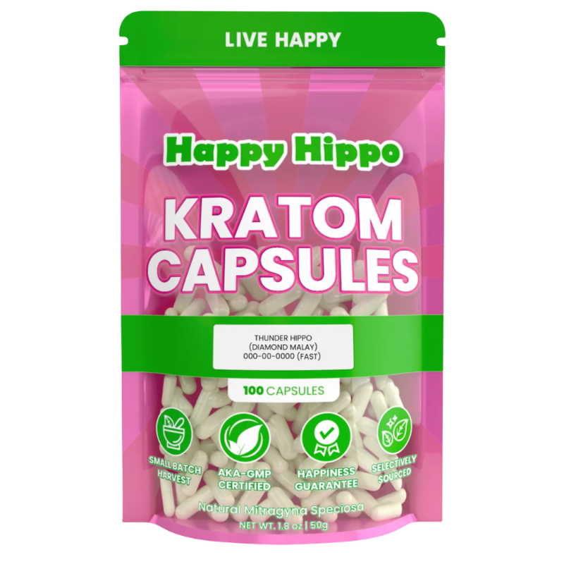 Happy Hippo Kratom Capsules 100ct - Malay White Vein