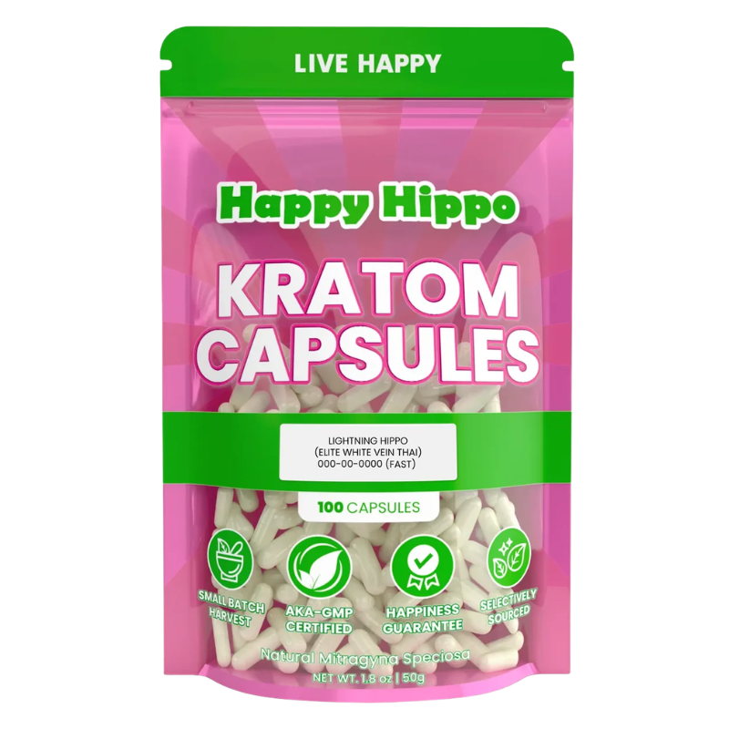 Happy Hippo Kratom Capsules 100ct - Elite White Vein Thai